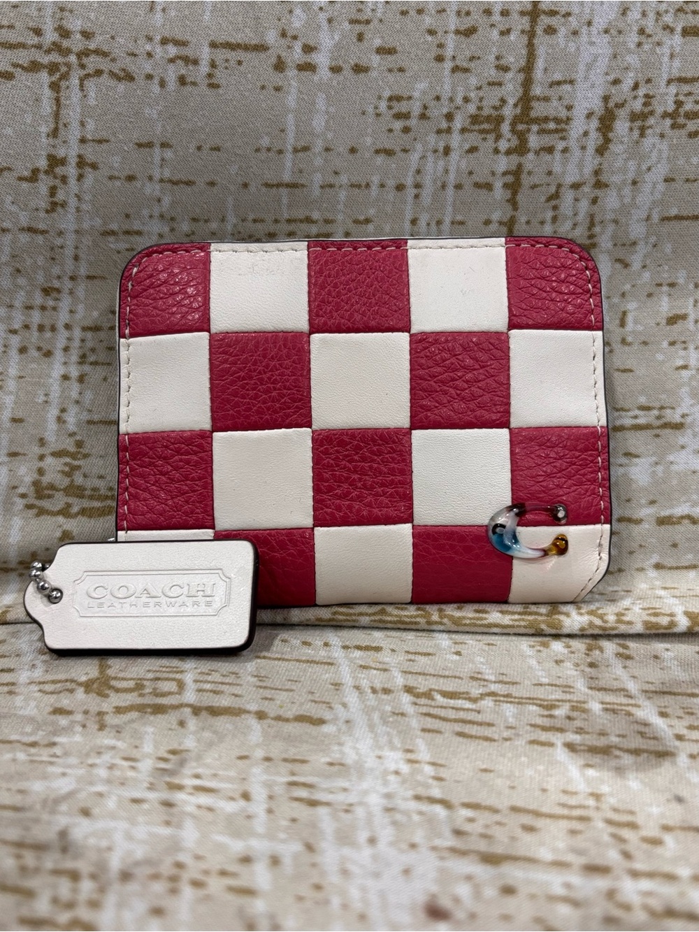 Coach Pink and White Checker Zip Card Case with Tag coachtopia